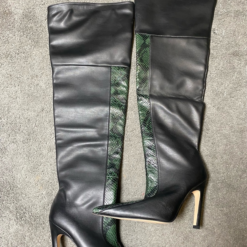 Good American Black and Green Snake Print Over the Knee Thigh High Boots